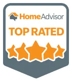 A home advisor top rated badge with four stars.